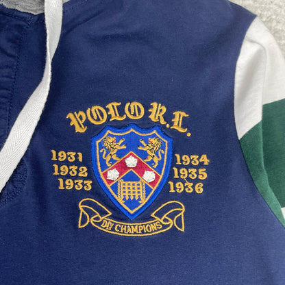 Polo Ralph Lauren Bleecker Hooded Rugby Shirt Navy Green Striped Sleeves Crest