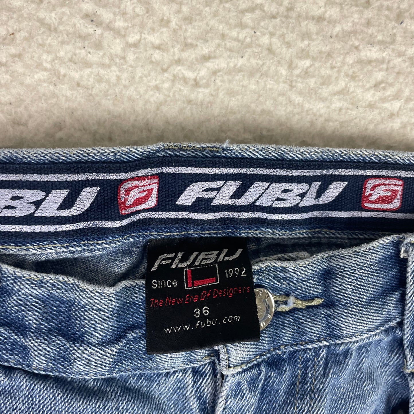 FUBU Vintage 05 Embroidered Denim Carpenter Shorts Light Wash