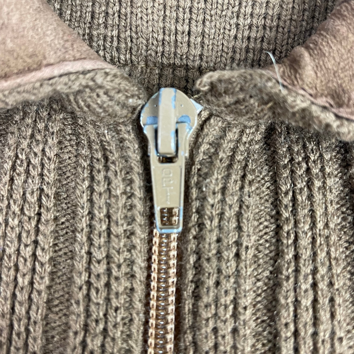 Vintage St Michael Brown Ribbed Suede Trim Zip Up Sweater 42