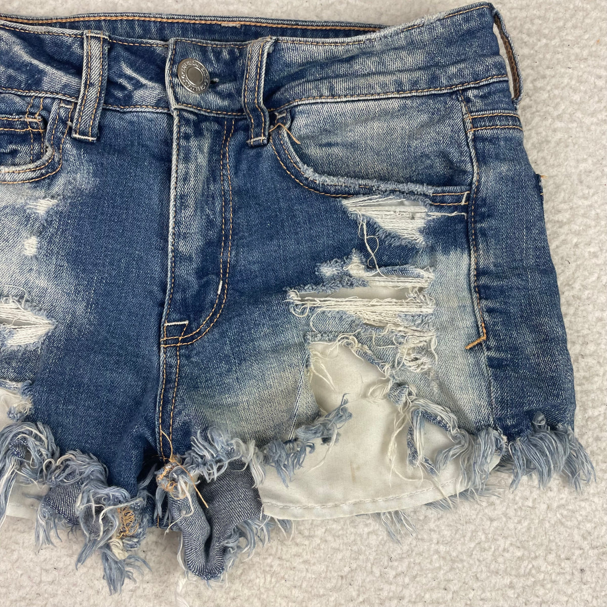 American Eagle Blue Denim Hi-Rise Shortie Denim Micro Shorts 2 Frayed