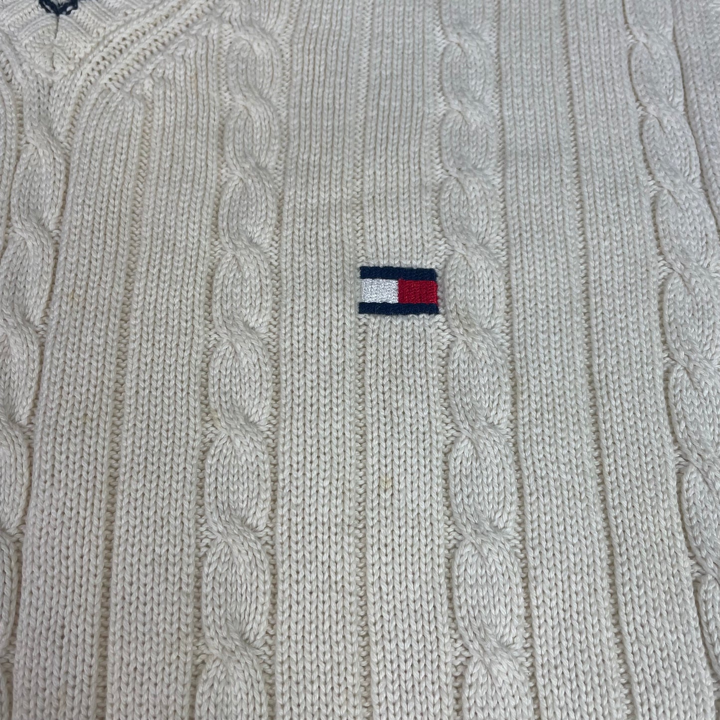 Tommy Hilfiger Cable Knit V-Neck Sweater Vest Cream Logo