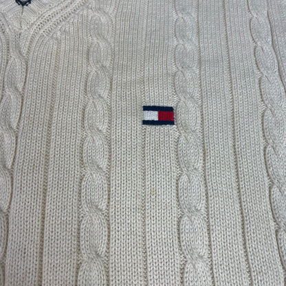 Tommy Hilfiger Cable Knit V-Neck Sweater Vest Cream Logo