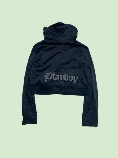 Playboy Black Velour Rhinestone Cropped Hoodie