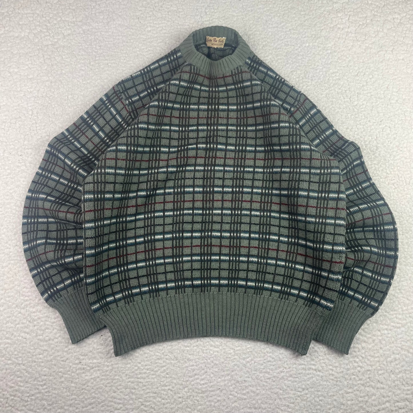 Vintage Windowpane Checked Sage Knit Sweater