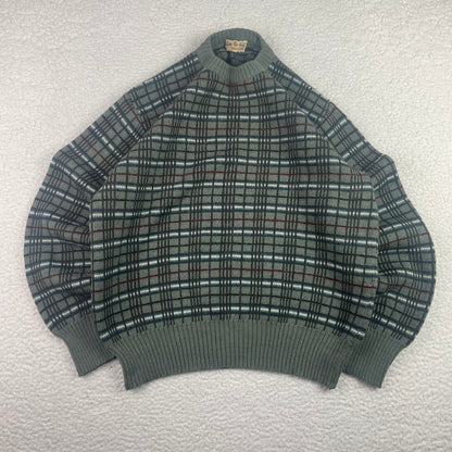 Vintage Windowpane Checked Sage Knit Sweater