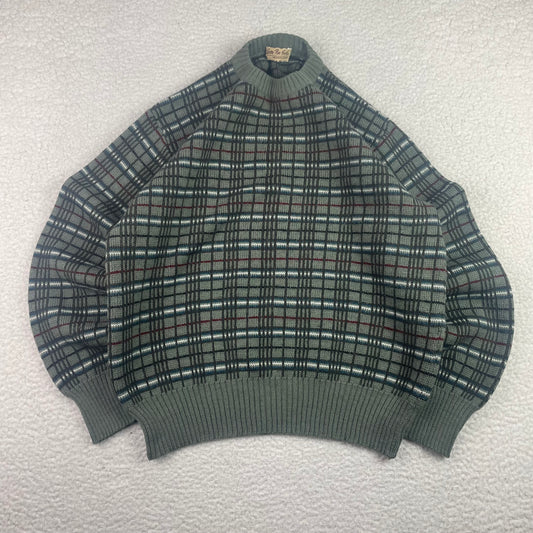 Vintage Windowpane Checked Sage Knit Sweater