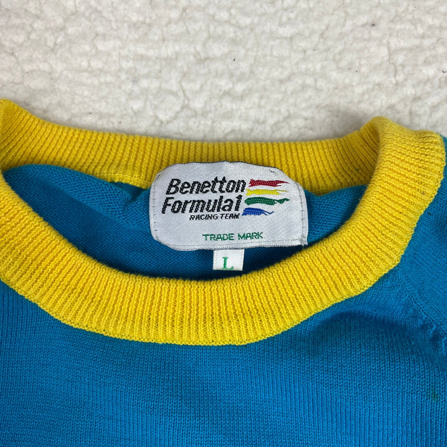 Vintage Benetton Formula 1 Knit Ringer Yellow Blue Shirt