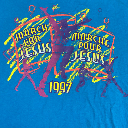 Vintage Blue March For Jesus Christian Single Stitch Graphic Shirt XL