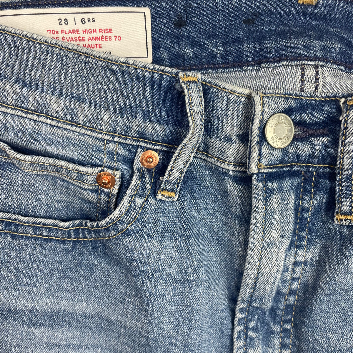 Gap Two-Tone Medium Indigo '70s Flare High Rise Panelled Jeans 28 Raw Hem