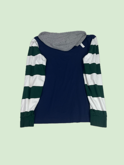 Polo Ralph Lauren Bleecker Hooded Rugby Shirt Navy Green Striped Sleeves Crest
