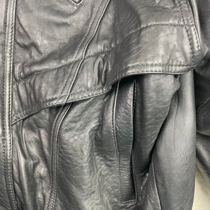Vintage YES Black Genuine Leather Bomber Jacket L Mob Minimalist