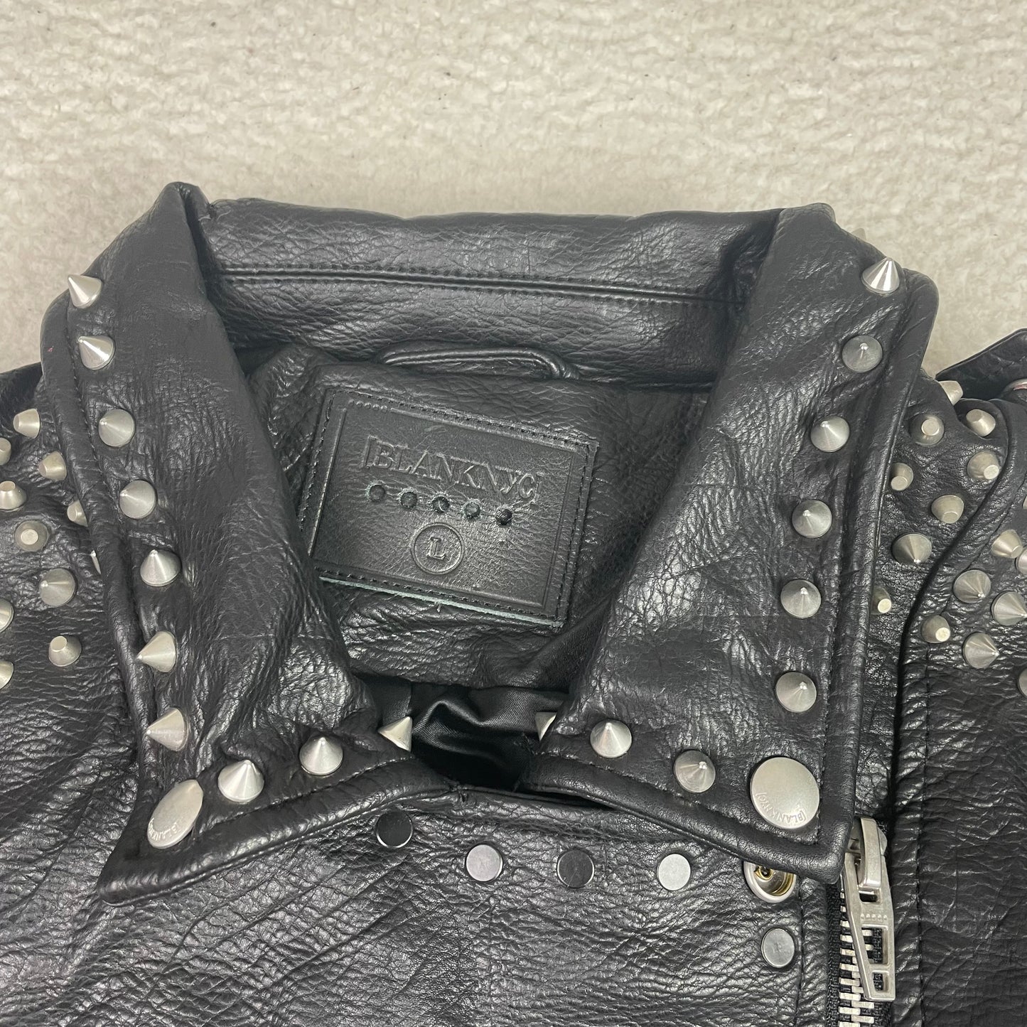 [BLANKNYC] Studded Floral Embroidered Faux Leather Moto Jacket