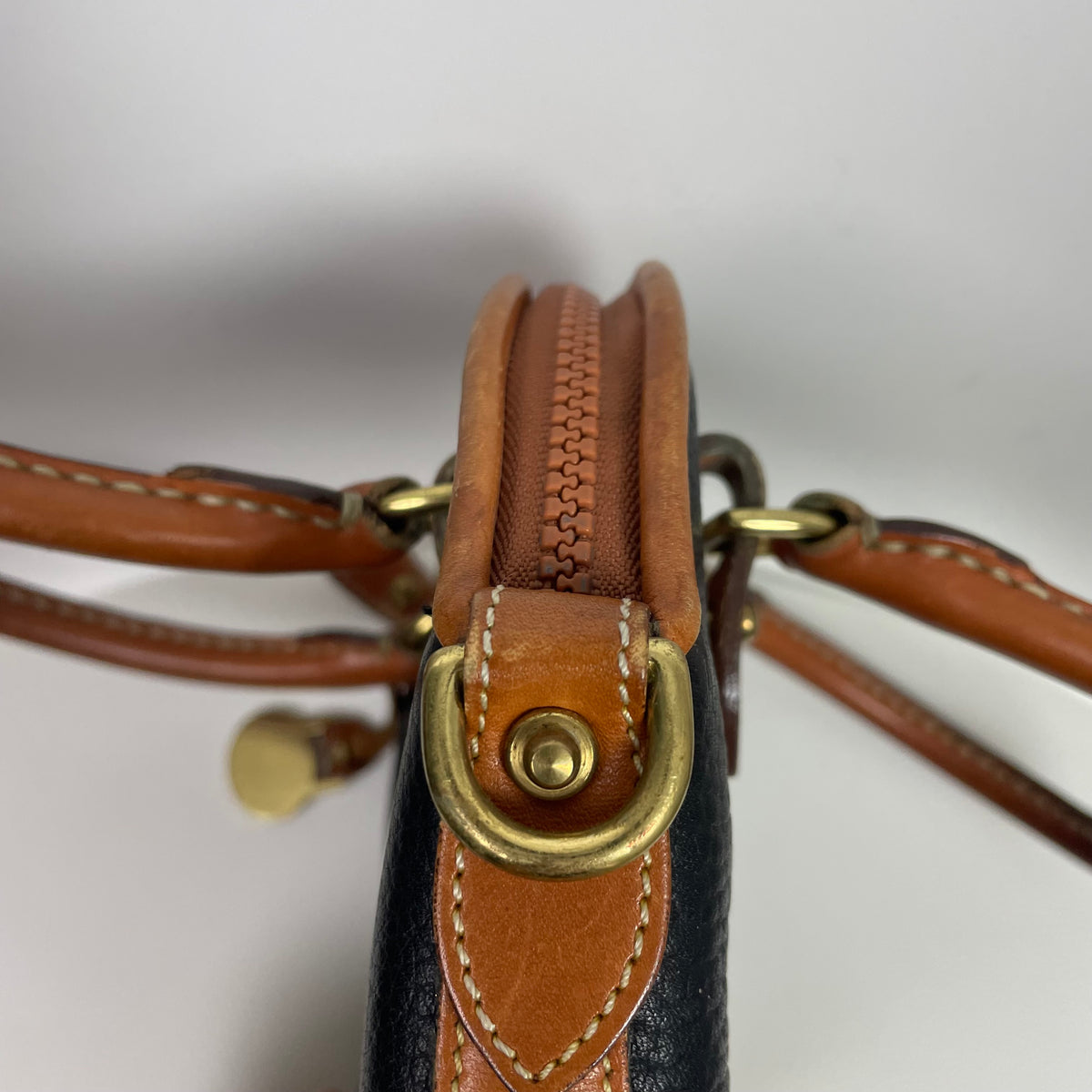 Vintage Dooney & Bourke Black Tan All-Weather Leather Dome Satchel Bag