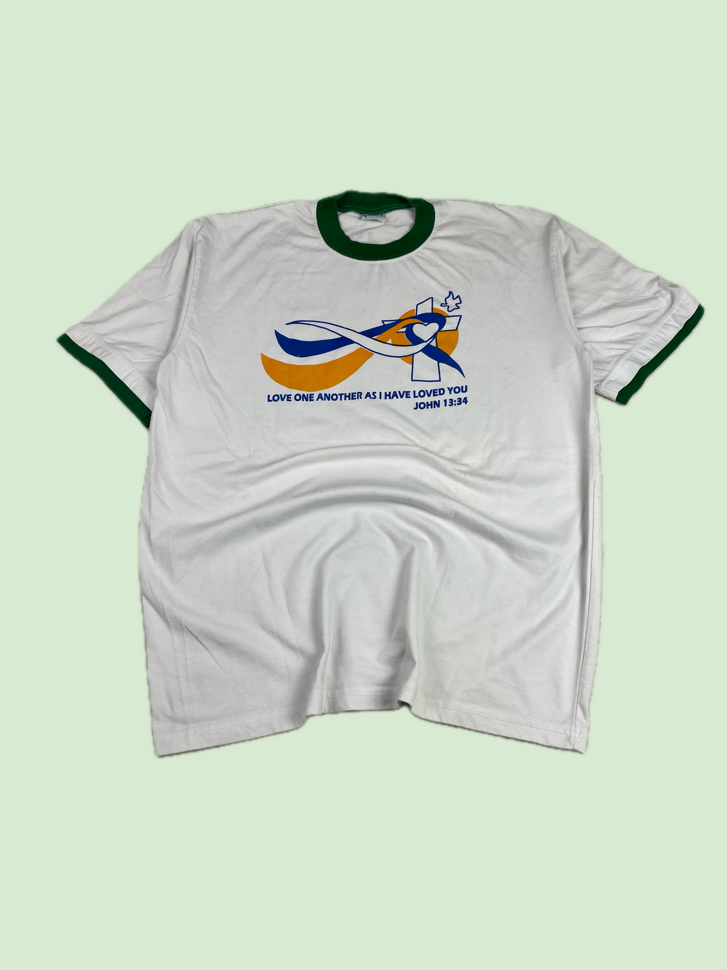 Grandsler John 13:34 Religious Ringer Graphic T-Shirt White Green