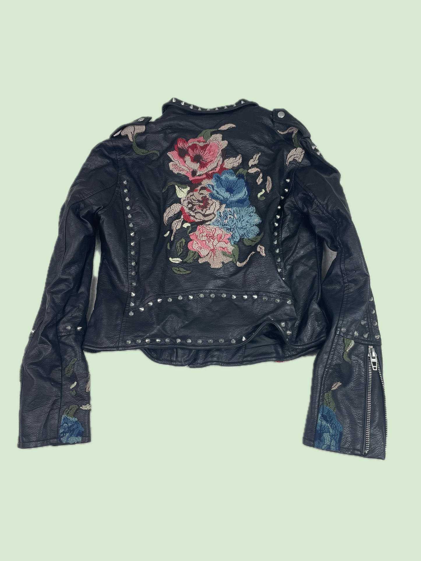 [BLANKNYC] Studded Floral Embroidered Faux Leather Moto Jacket
