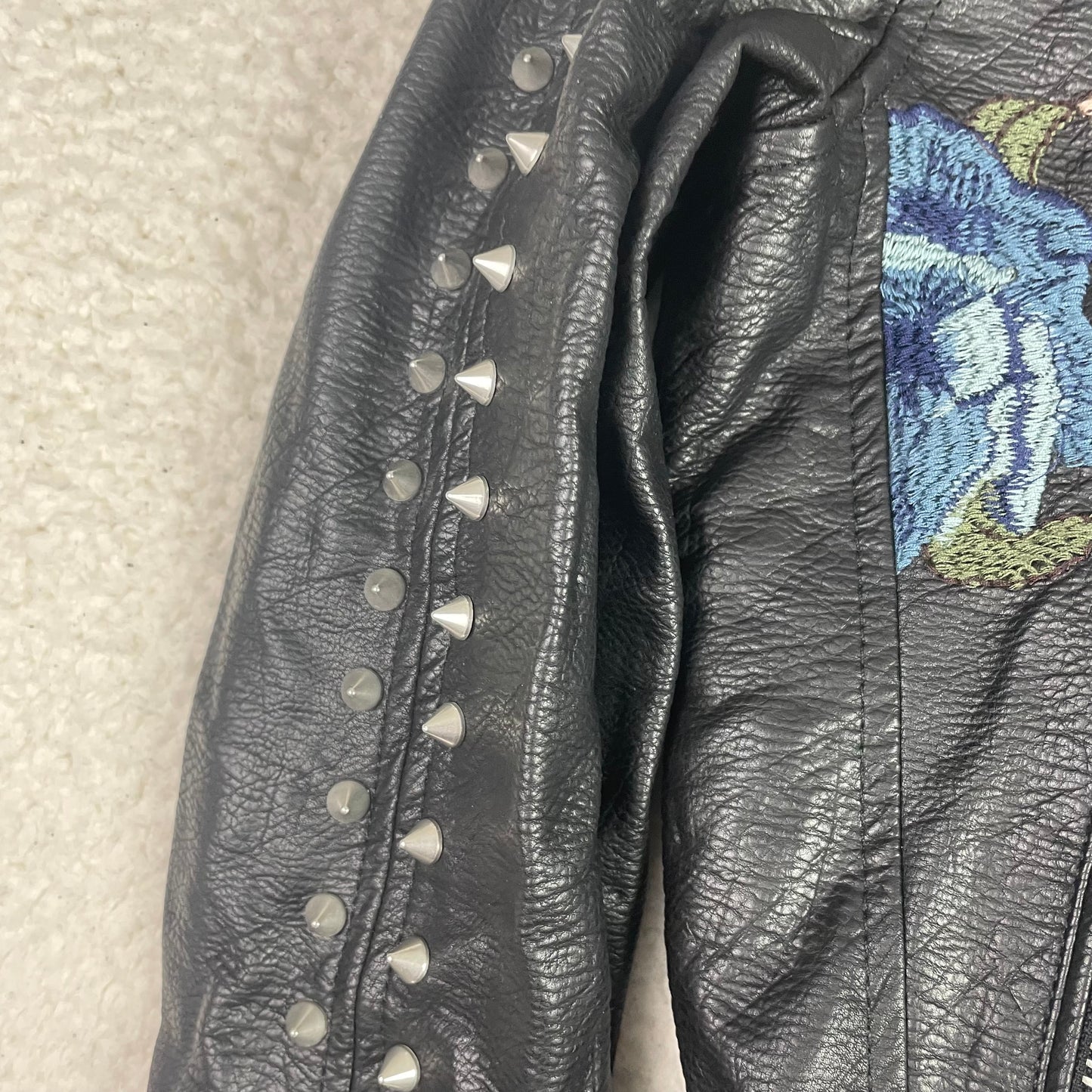 [BLANKNYC] Studded Floral Embroidered Faux Leather Moto Jacket