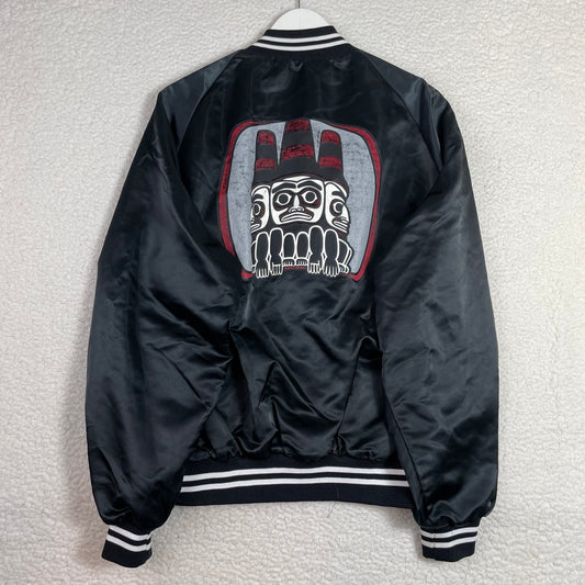 Vintage First Nations Haida Gwaii Black Satin Bomber Jacket