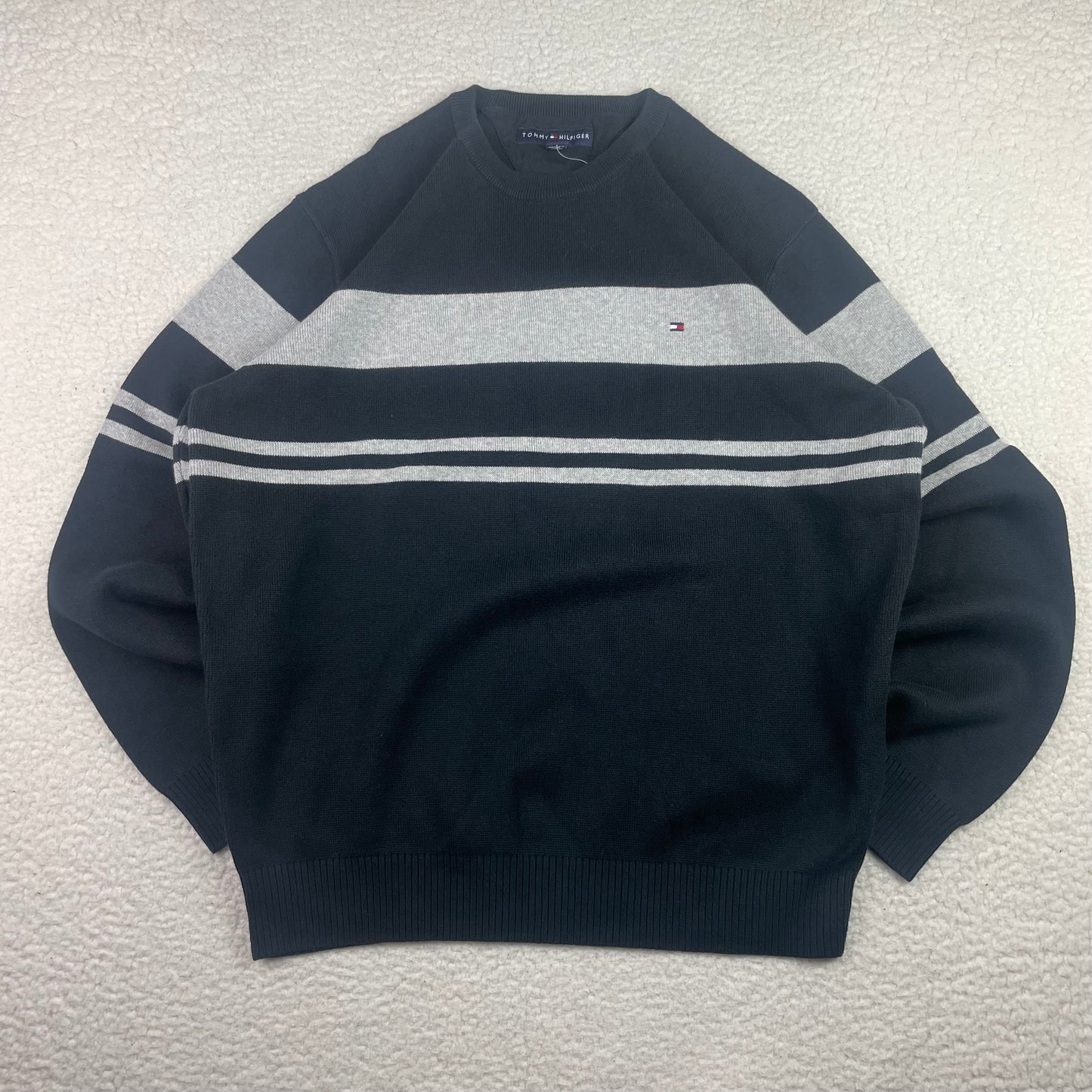 Tommy Hilfiger Knit Horizontal Stripe Gray Navy Blue Sweater