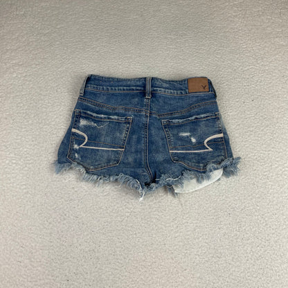 American Eagle Blue Denim Hi-Rise Shortie Denim Micro Shorts 2 Frayed