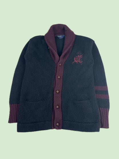 Polo Ralph Lauren Wool Shawl Collar Cardigan RL Crest Black Burgundy