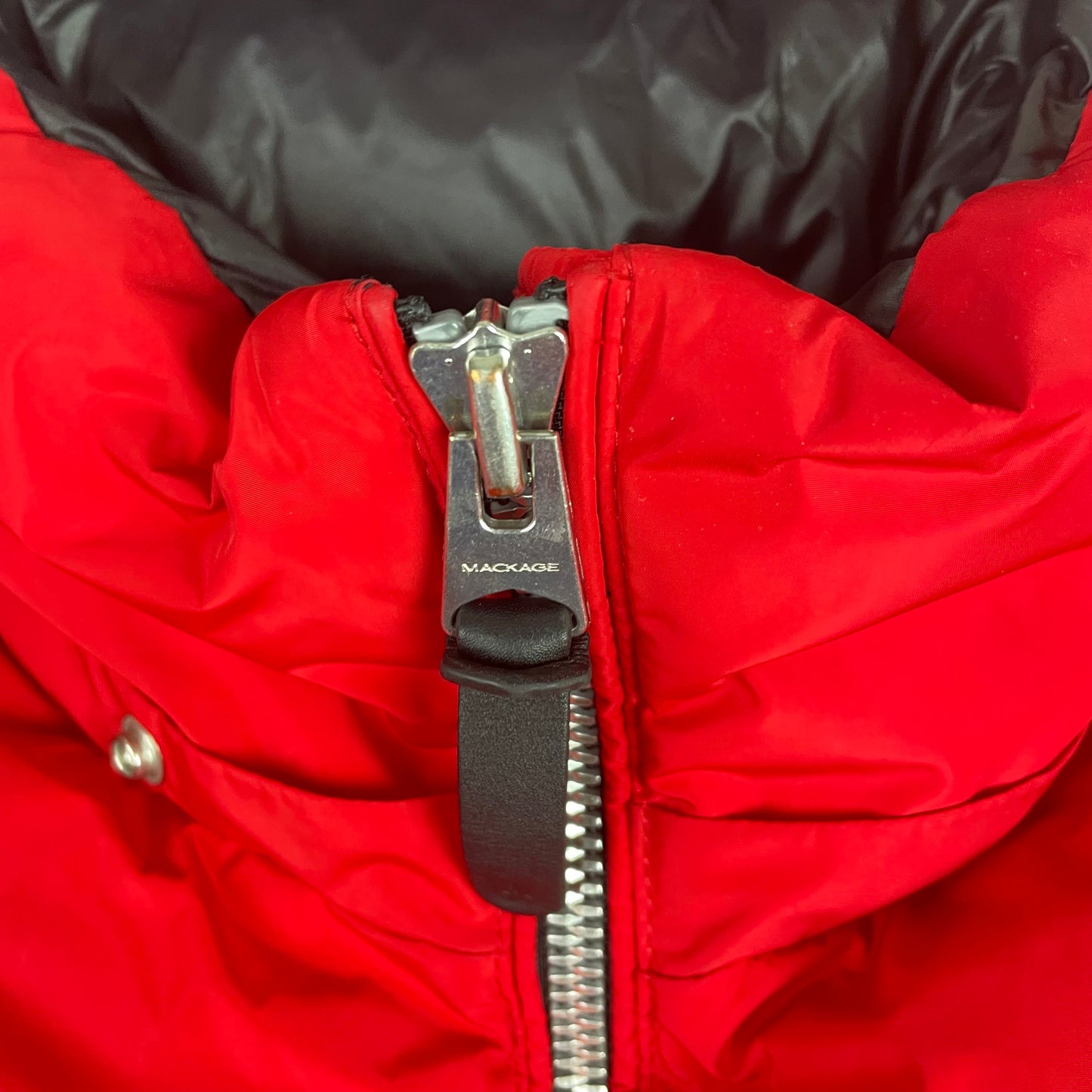 Mackage Aubrey Madalyn Red Hooded Puffer Jacket with Ribbed Trim