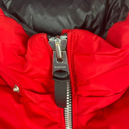 Mackage Aubrey Madalyn Red Hooded Puffer Jacket with Ribbed Trim