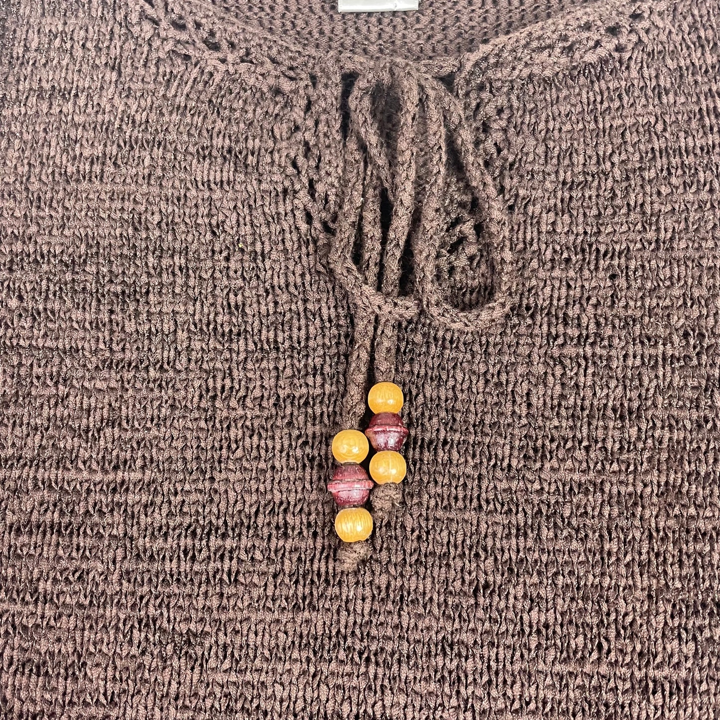 NOMI Brown Crochet Knit Bell Sleeve Beaded Tie Neck Sweater