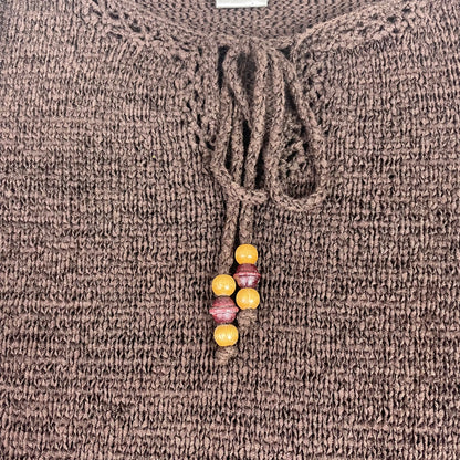 NOMI Brown Crochet Knit Bell Sleeve Beaded Tie Neck Sweater