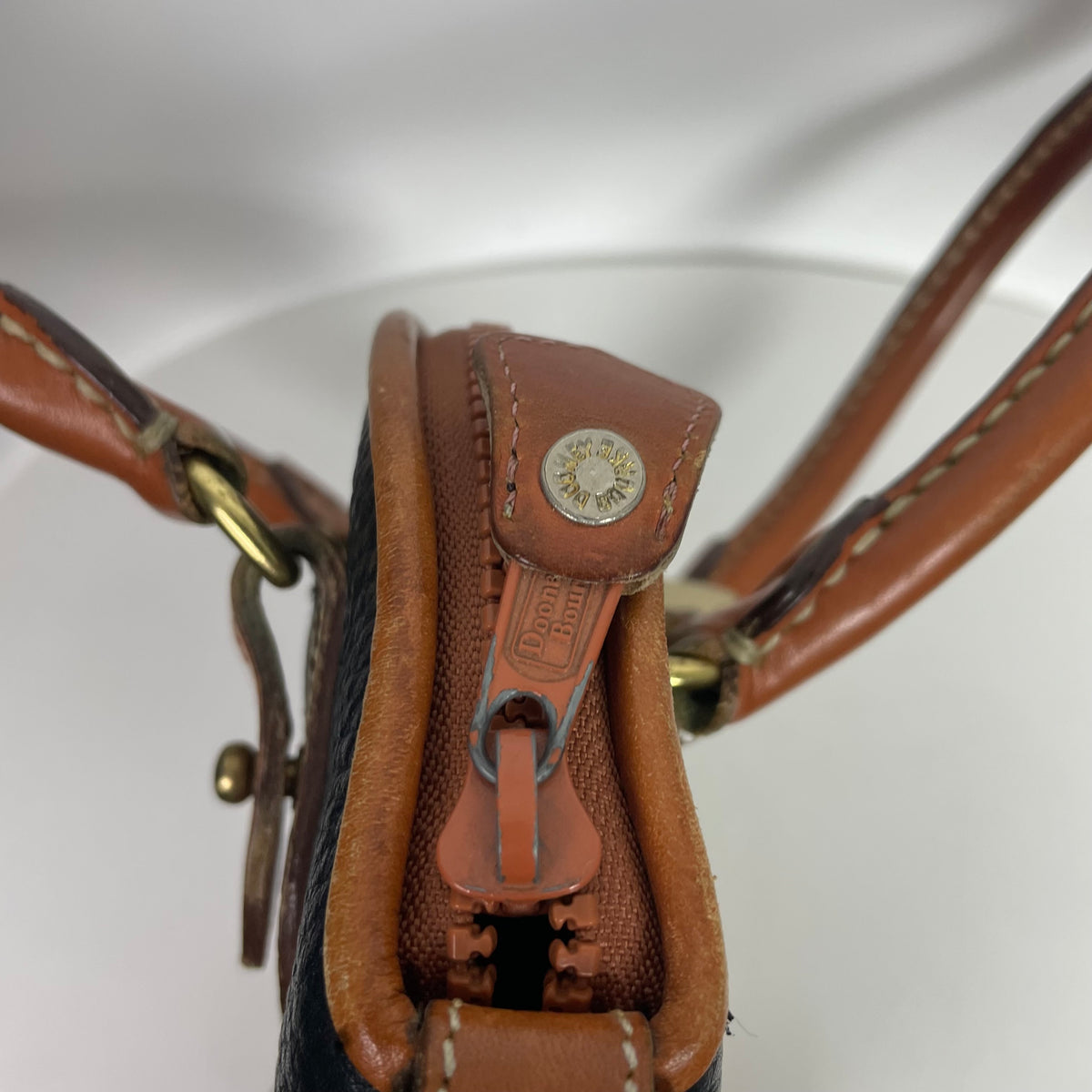 Vintage Dooney & Bourke Black Tan All-Weather Leather Dome Satchel Bag