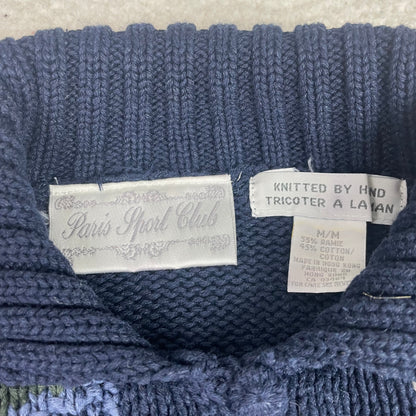 Vintage Paris Sport Club Navy Paisley Hand Knit Chunky Cardigan Sweater M