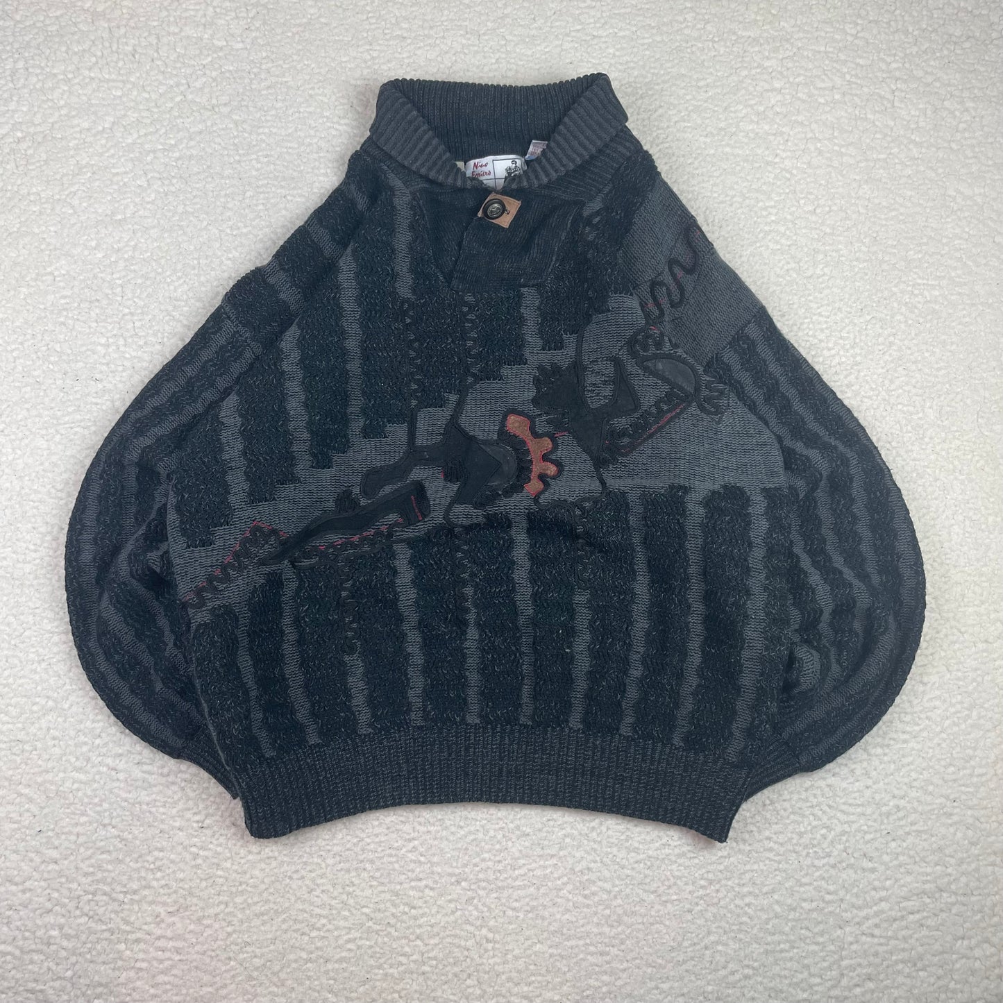 Vintage 3D Knit Texture Abstract Shawl Collar Sweater