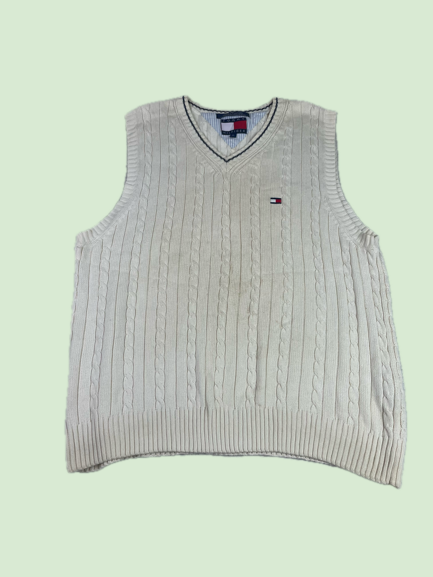 Tommy Hilfiger Cable Knit V-Neck Sweater Vest Cream Logo