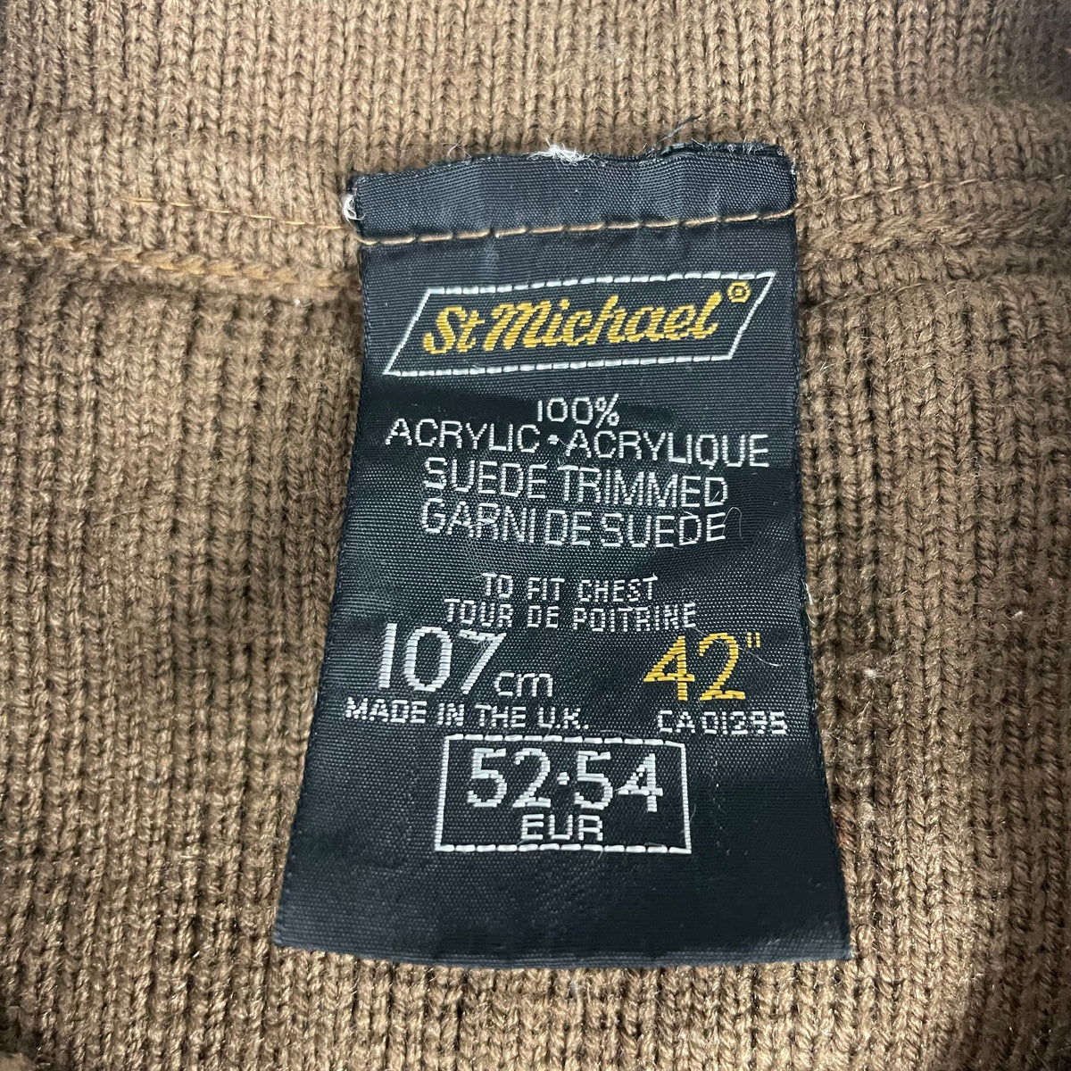 Vintage St Michael Brown Ribbed Suede Trim Zip Up Sweater 42
