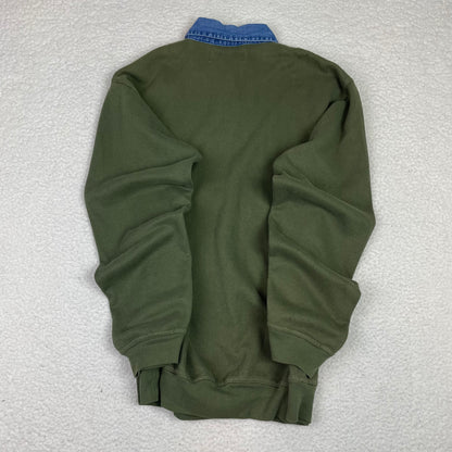 Vintage Mixed Materials Denim Ribbed Long Sleeve Polo
