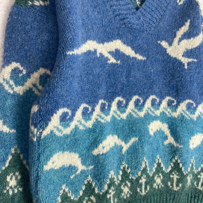 Vintage Handknit Coastal Fair Isle Blue Sweater