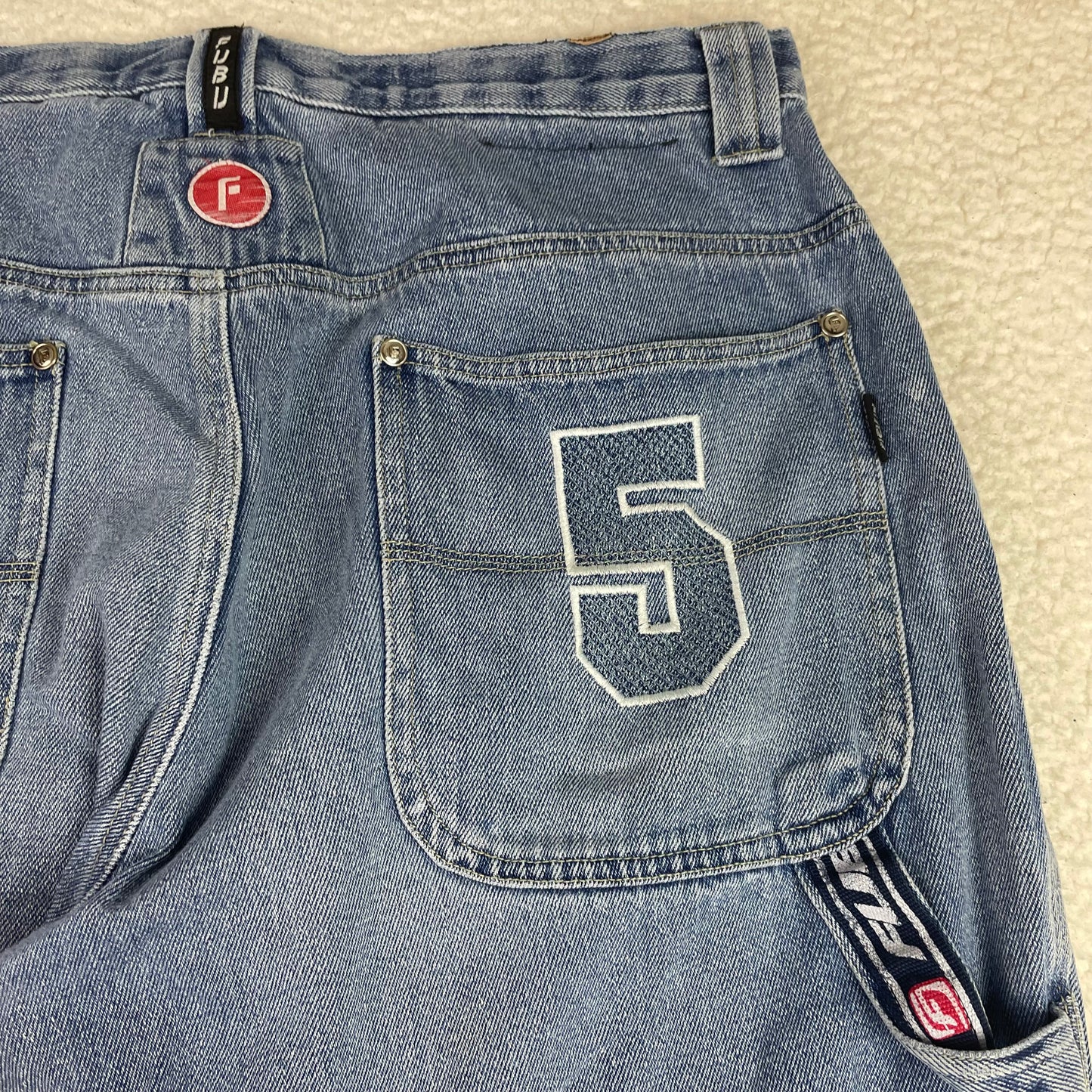 FUBU Vintage 05 Embroidered Denim Carpenter Shorts Light Wash