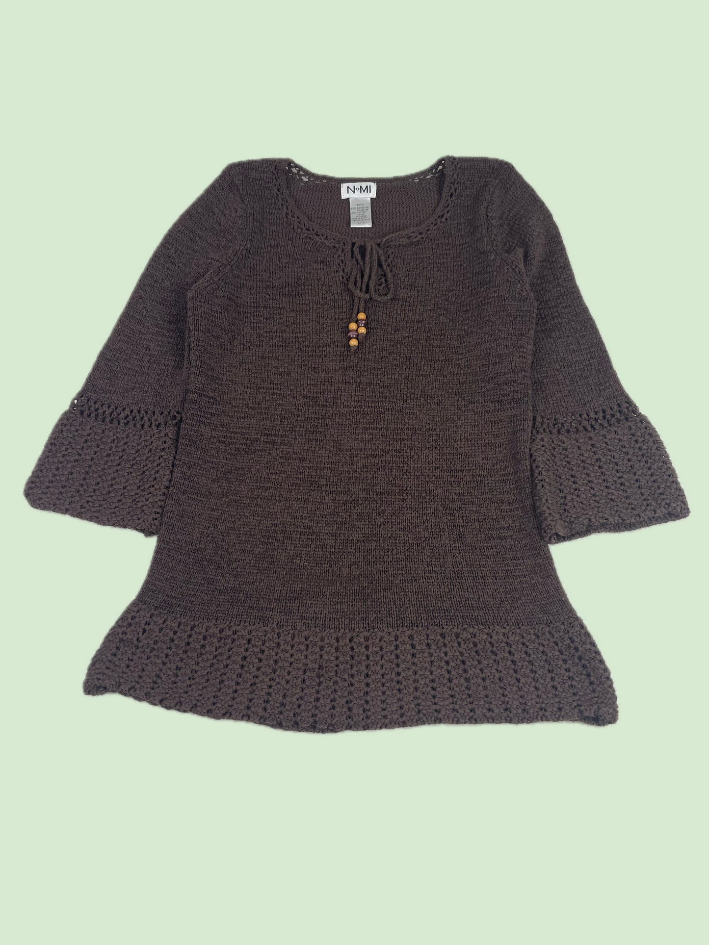 NOMI Brown Crochet Knit Bell Sleeve Beaded Tie Neck Sweater