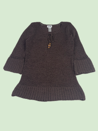 NOMI Brown Crochet Knit Bell Sleeve Beaded Tie Neck Sweater