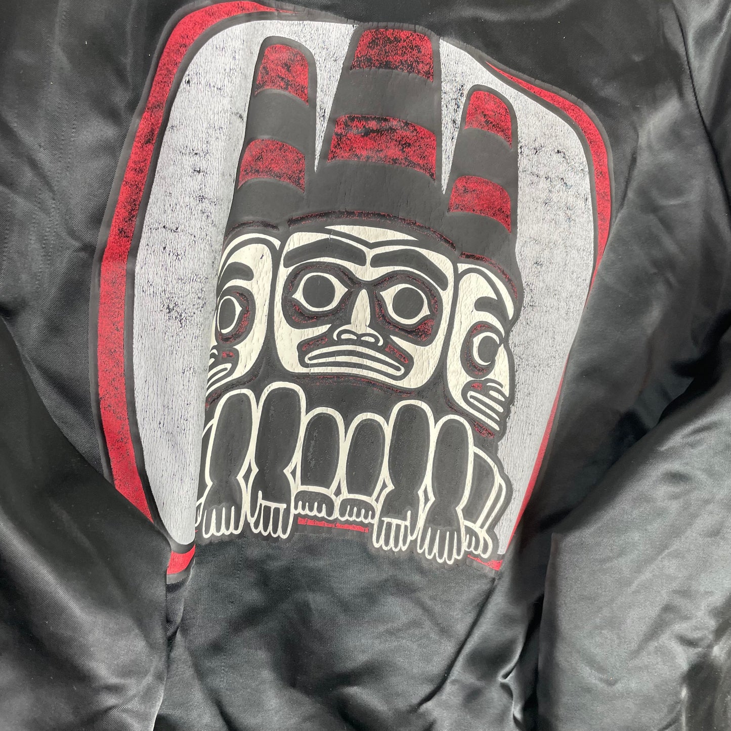 Vintage First Nations Haida Gwaii Black Satin Bomber Jacket
