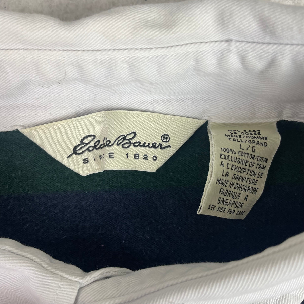 Vintage Eddie Bauer Green Navy Orange Stripe Rugby Polo LT Preppy