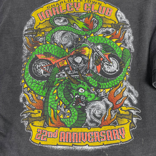 Y2K Harley Davidson Charlottetown Dragon Graphic Henley Shirt Large Distress