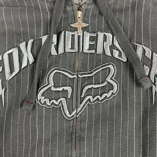 Y2K Fox Riders Co Black Pinstripe Sherpa Sasquatch Hoodie Medium Zip Up