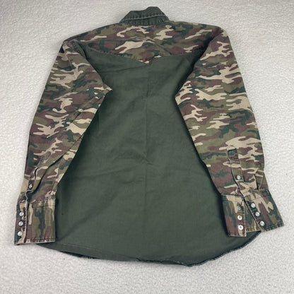 Wrangler Olive Green Camo Western Button Up Shirt L Snap Button Ranch