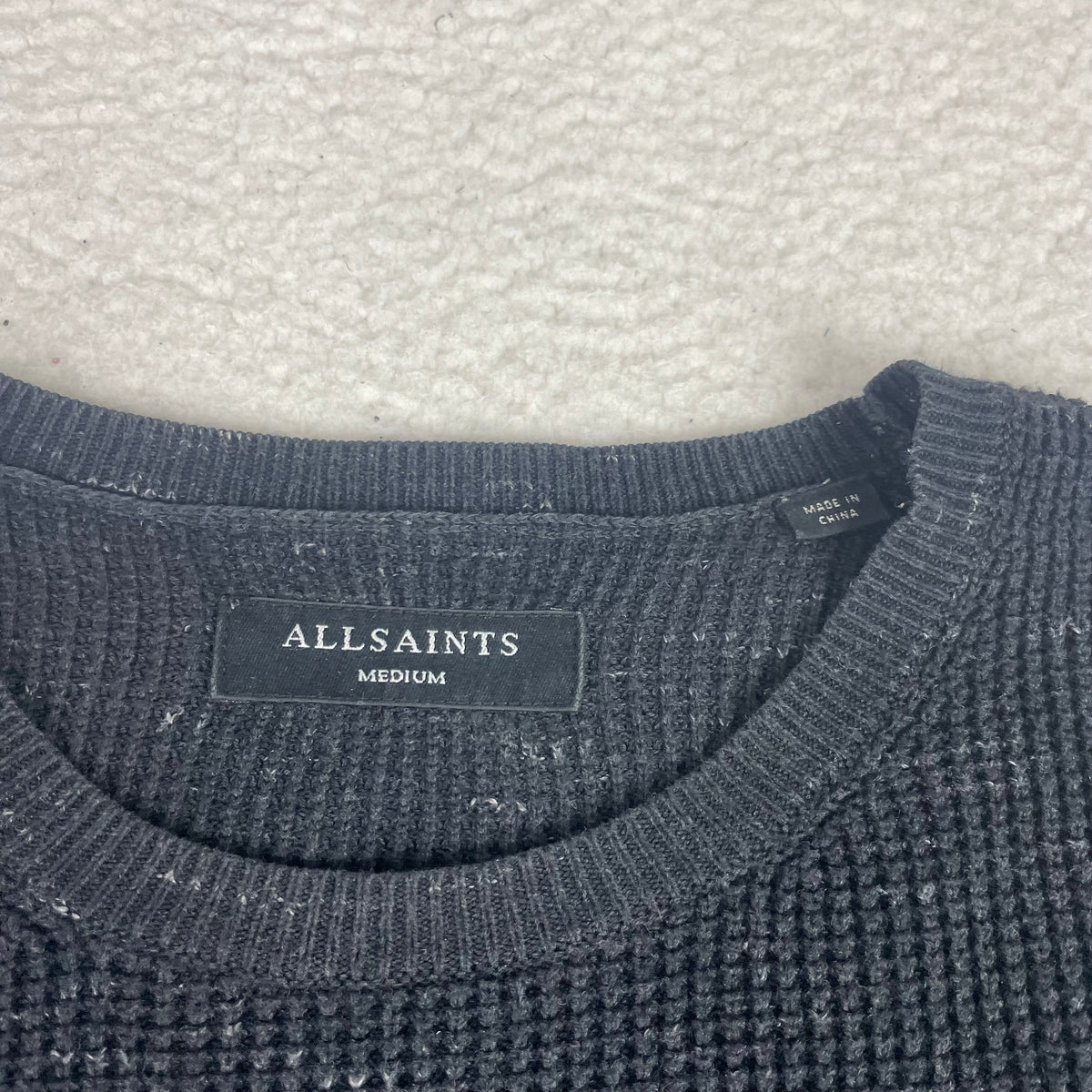 All Saints Charcoal Textured Waffle Knit Ramskull Sweater Medium Minimalist