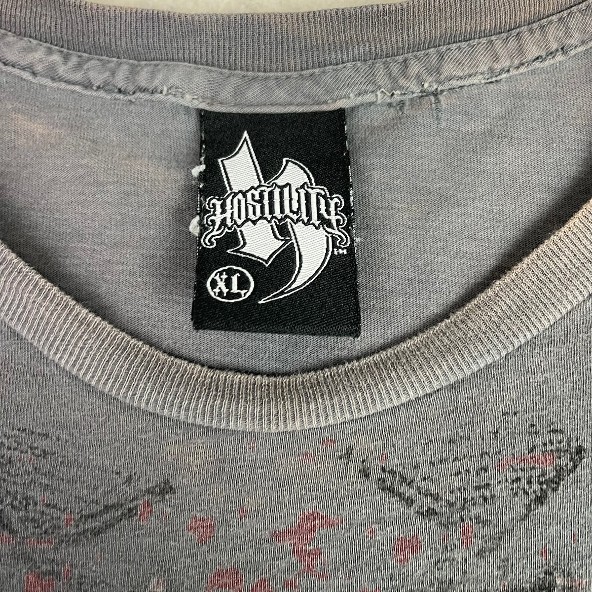 Y2K Hostility Grey Skull Wings Roses Graphic Shirt XL Grunge Metal Street