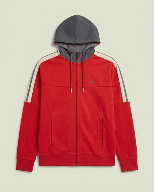 BOSS Red Grey Colorblock Striped Full Zip Hoodie L Minimalist Casual