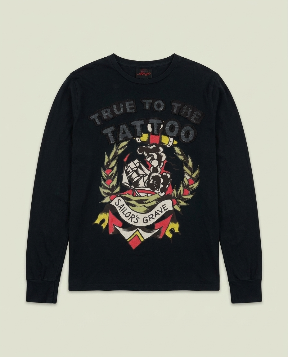 Y2K Ed Hardy Black Sailor's Grave Tattoo Graphic Long Sleeve Shirt L