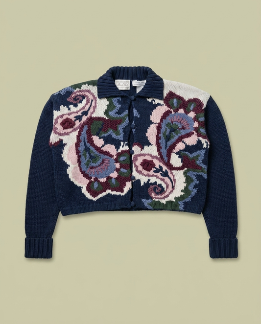 Vintage Paris Sport Club Navy Paisley Hand Knit Chunky Cardigan Sweater M