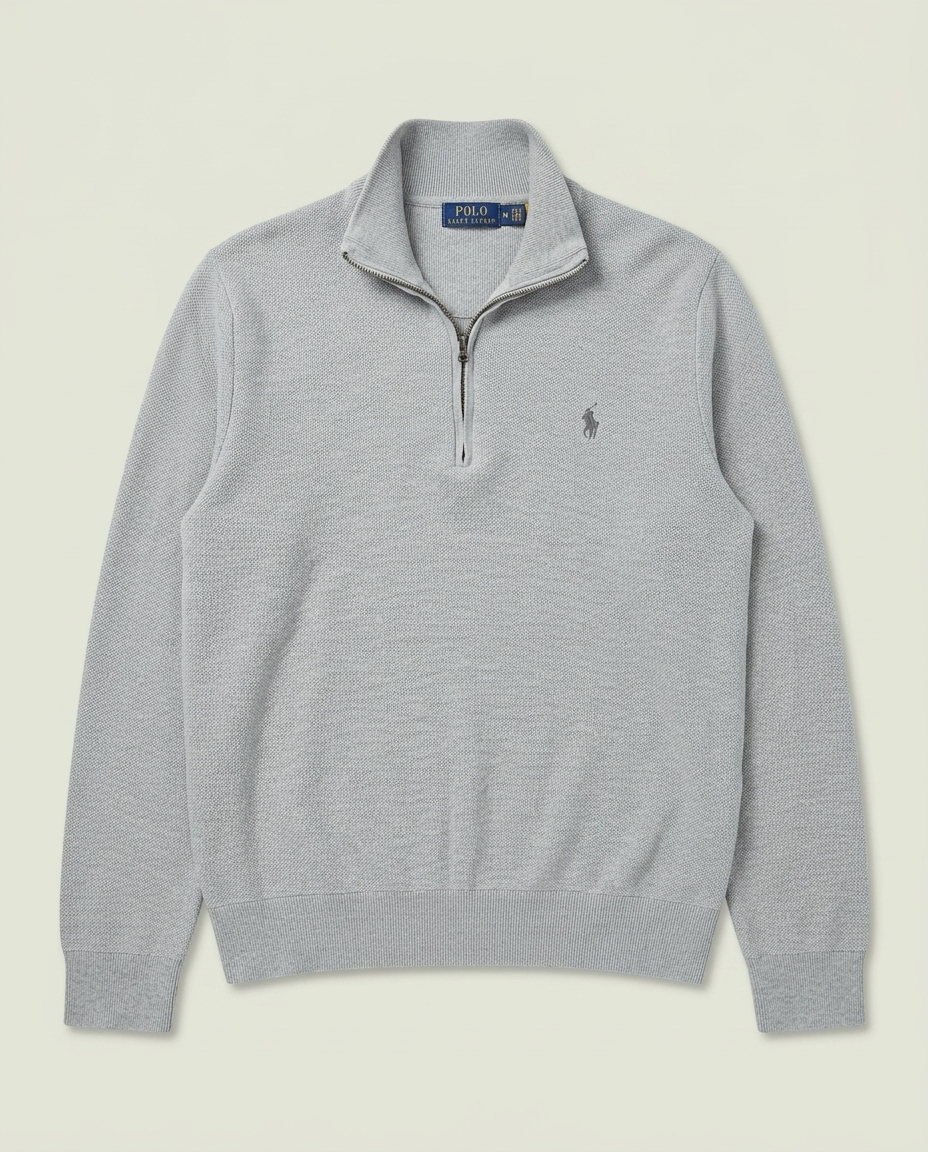 Polo Ralph Lauren Grey Textured 1/4 Zip Up Sweater L Quiet Luxury Preppy