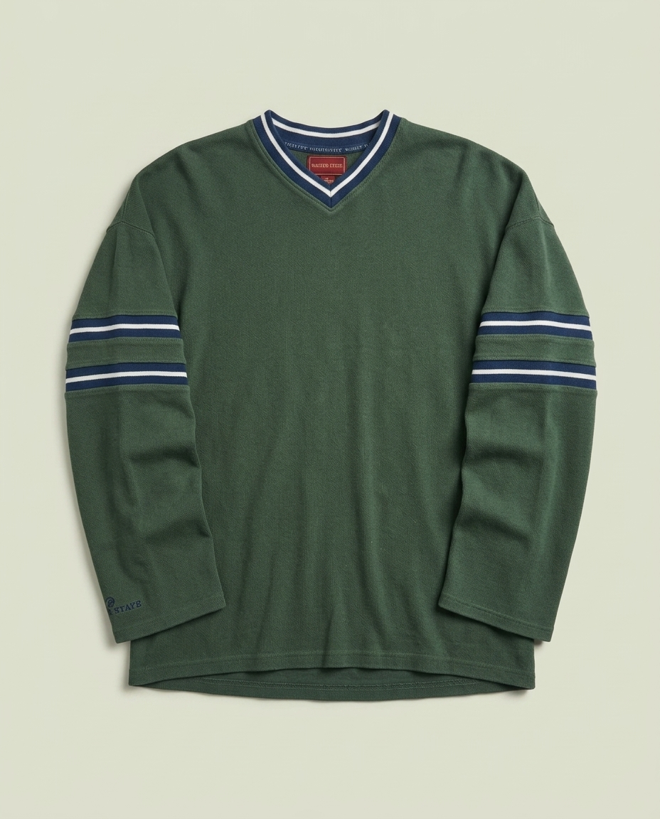 Vintage Higher State Green Striped V-Neck Sweatshirt XL Preppy Bloke